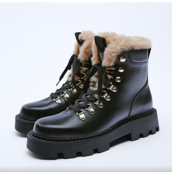 ZARA LEATHER LACE UP FAUX FUR LINED MOUNTAIN ANKLE BOOTS - Picture 7 of 7